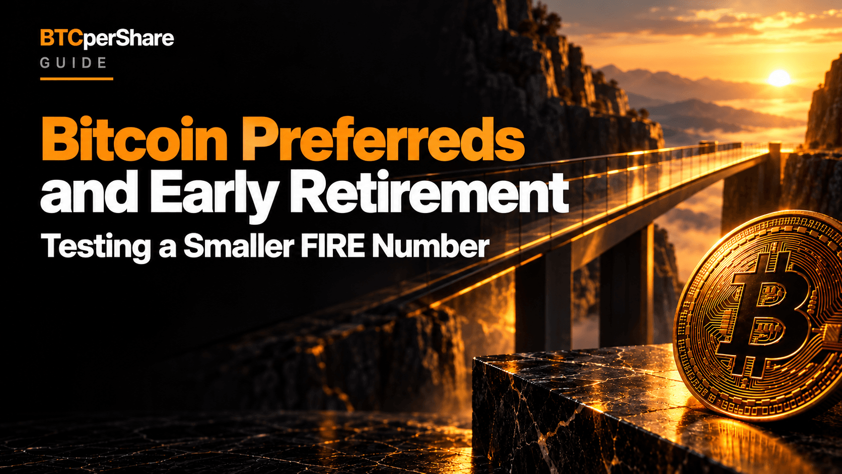 Bitcoin Preferreds and Early Retirement: Testing a Smaller FIRE Number. A Bitcoin coin beside an orange-lit bridge toward an open horizon.
