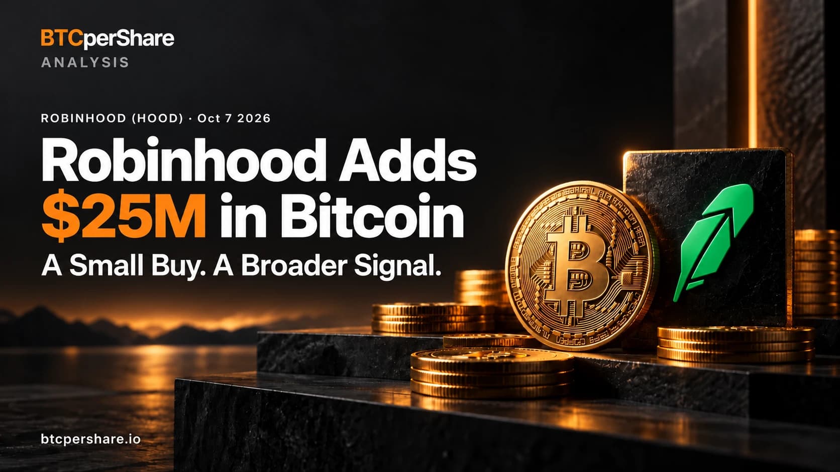 Robinhood adds $25 million in Bitcoin to its balance sheet, in BTCperShare’s orange and charcoal Analysis branding.