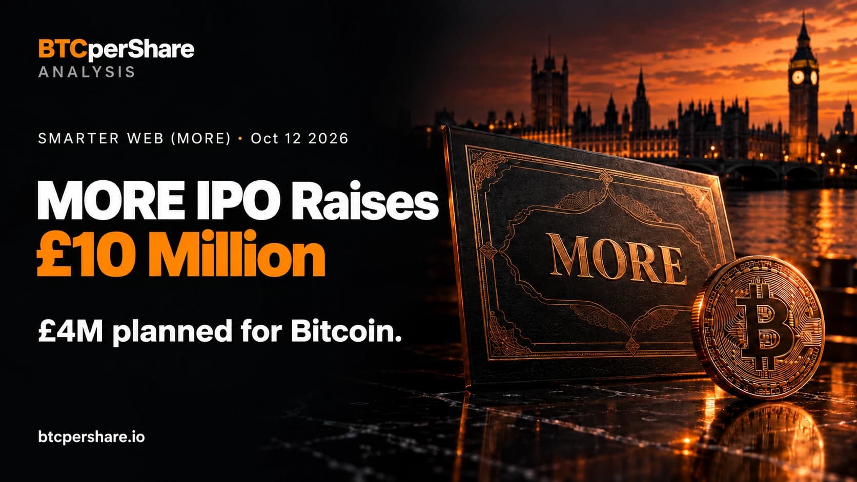 Smarter Web MORE IPO raises £10 million, with £4 million planned for Bitcoin, in BTCperShare orange and charcoal above the London skyline.