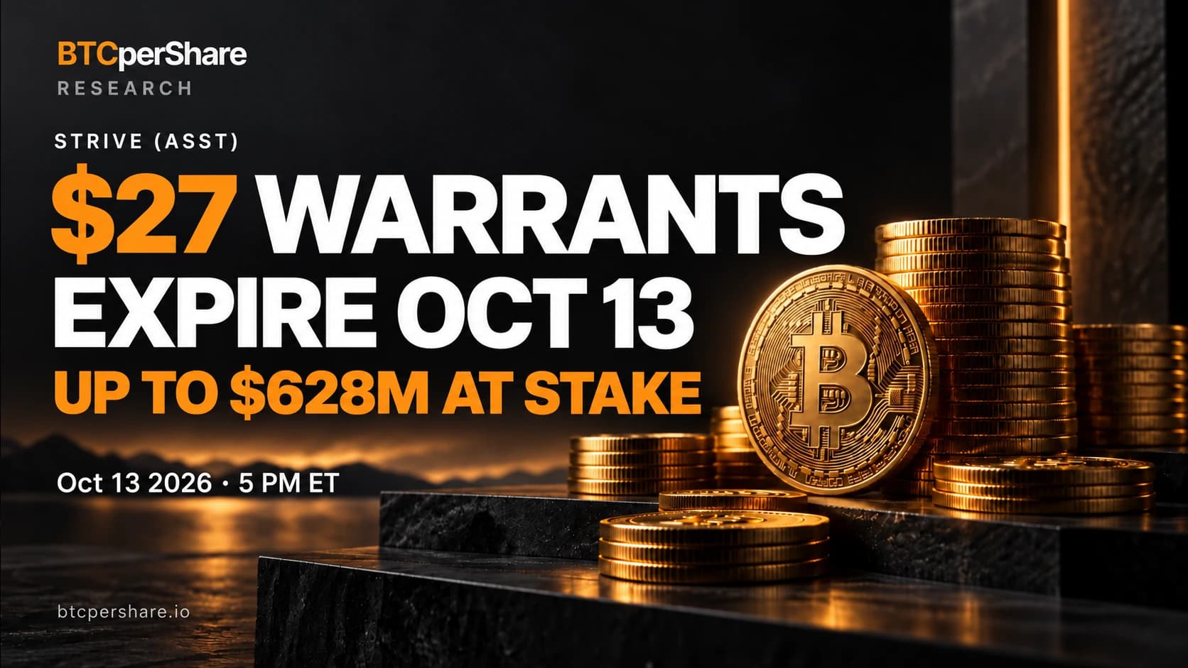 Strive (ASST) $27 warrants expire October 13, 2026 at 5 PM ET, with up to $628 million at stake, in BTCperShare orange and charcoal.