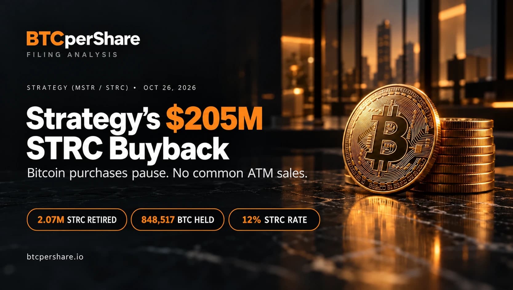 Strategy’s $205M STRC buyback: Bitcoin purchases pause, no common ATM sales, 2.07M STRC shares retired, 848,517 BTC held and a 12% STRC dividend rate. BTCperShare filing analysis, October 26, 2026.