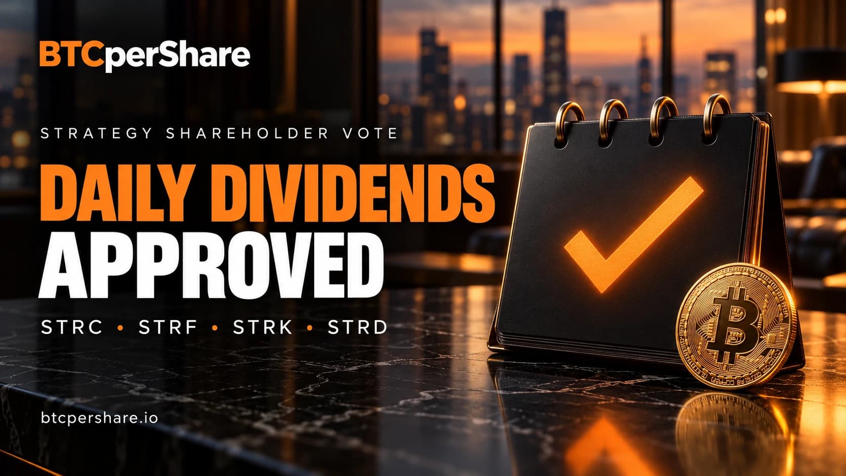 Daily dividends approved: Strategy shareholder vote covering STRC, STRF, STRK and STRD, with an orange checkmark on a daily calendar and a Bitcoin coin in BTCperShare branding.