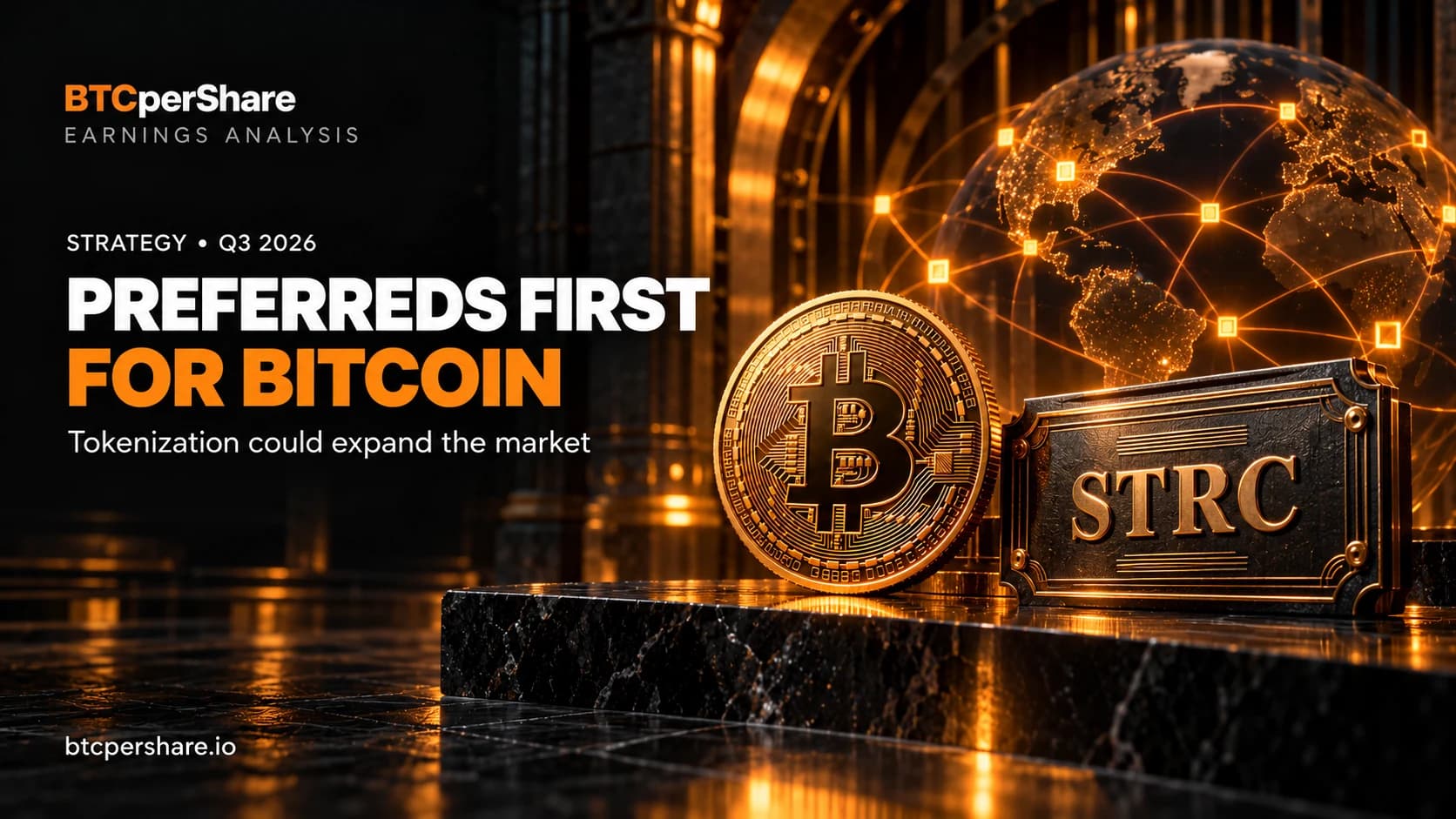 BTCperShare feature: Preferreds First for Bitcoin, with an orange Bitcoin coin, STRC plaque and tokenization network globe.