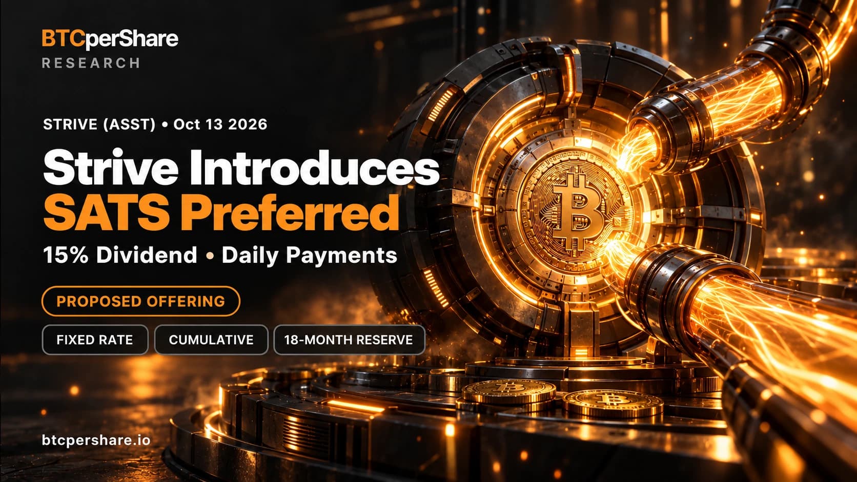 Strive introduces SATS preferred: 15% dividend, daily payments, fixed rate, cumulative dividends and an 18-month reserve. Two orange energy feeds power a Bitcoin engine.