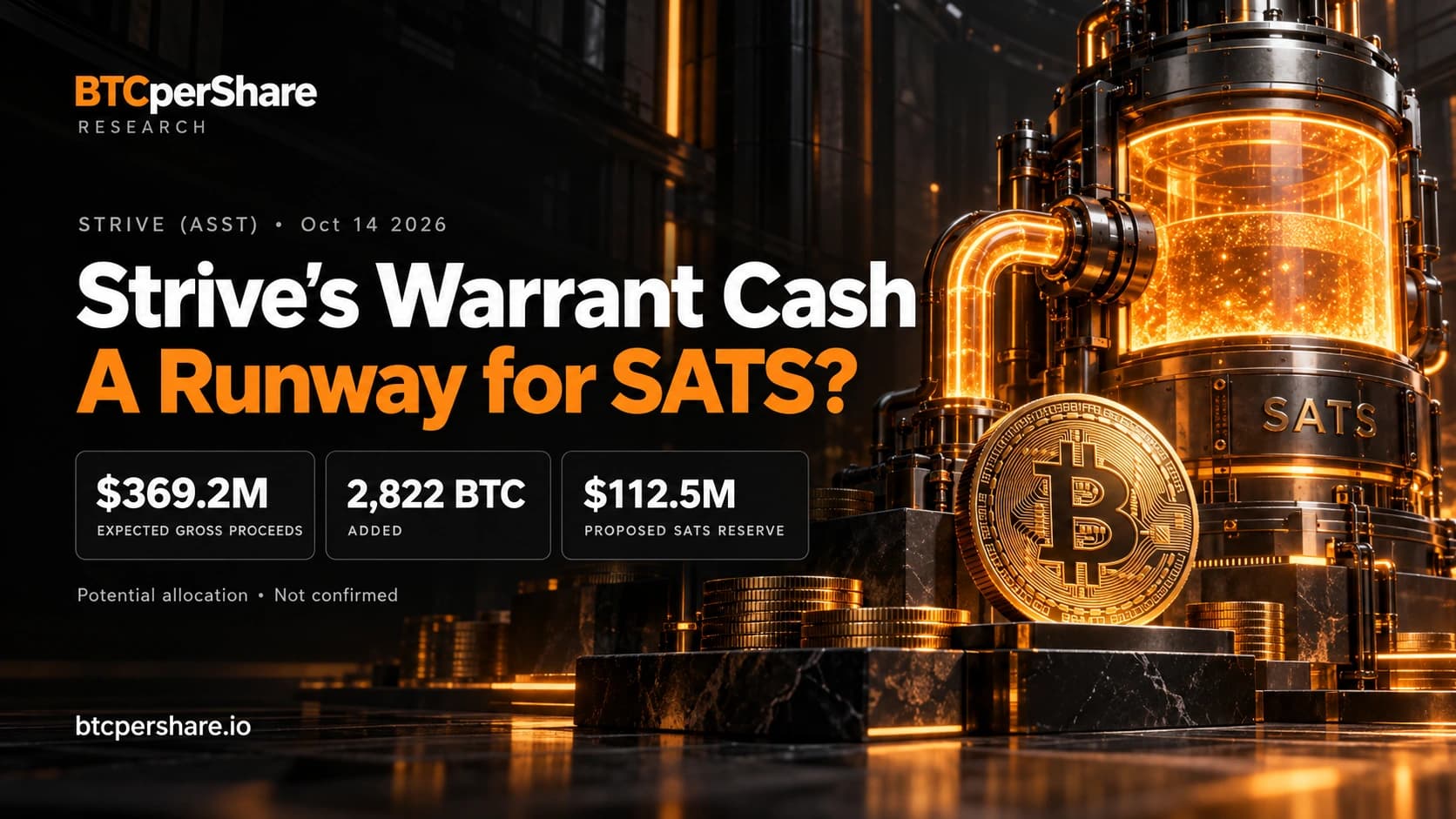 Strive’s warrant cash: a runway for SATS? $369.2M expected gross proceeds, 2,822 BTC added and a $112.5M proposed SATS reserve. Potential allocation, not confirmed.